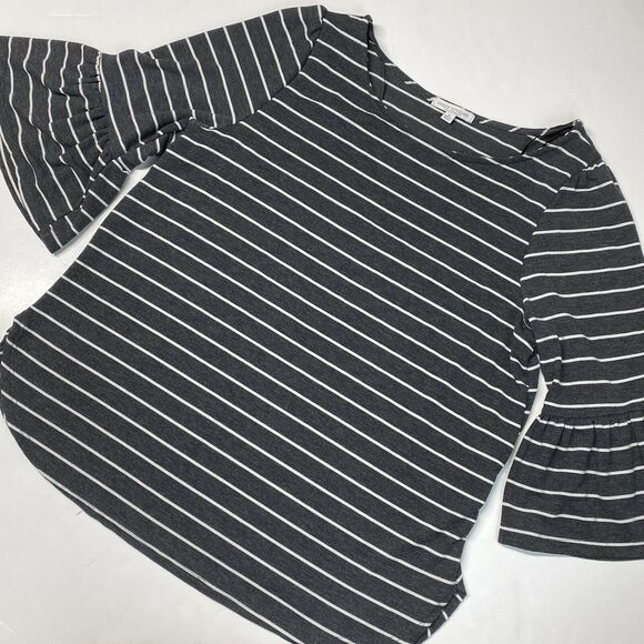 Green Envelope Tops - Green Envelope Striped 3/4 Bell Sleeve Top 1X Gray/White Stretch Jersey Knit EUC
